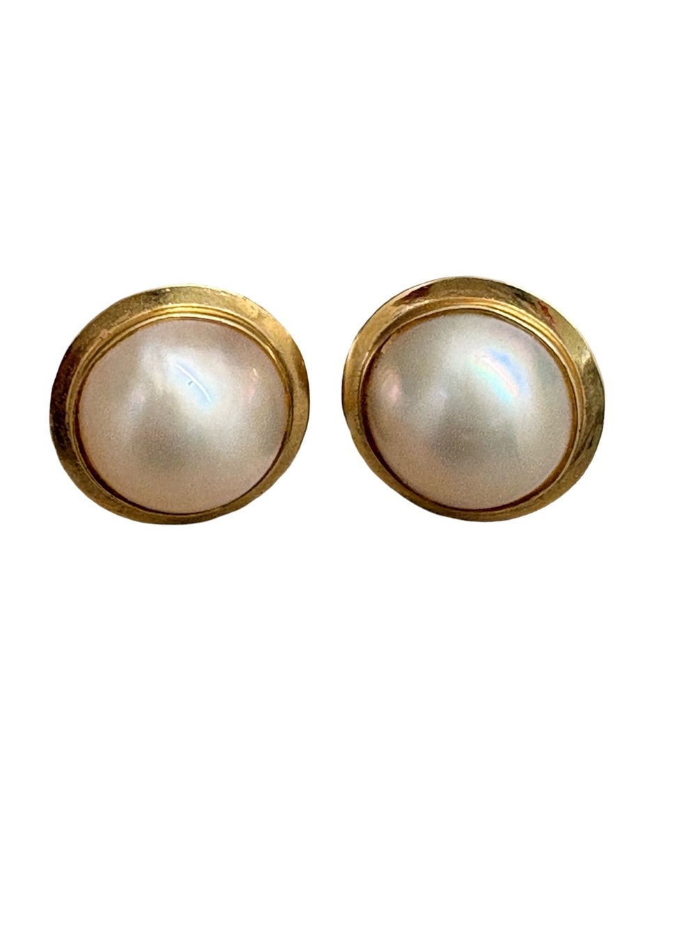 14K Yellow Gold Omega Clip & Gold Border Design 585 White Mabe Pearl Earrings